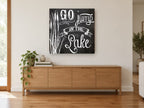 Jump In Chalkboard landscape canvas print on the wall of a living room above a sideboard