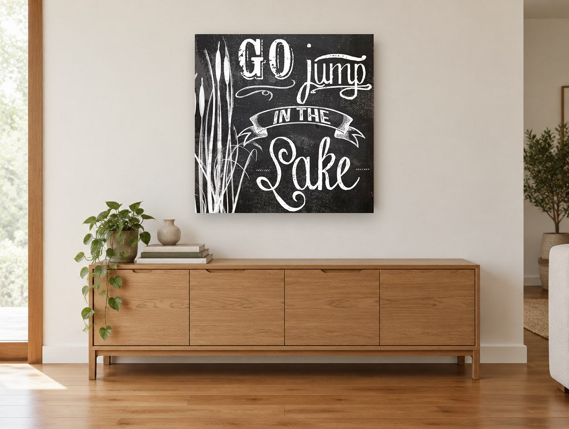 Jump In Chalkboard landscape canvas print on the wall of a living room above a sideboard