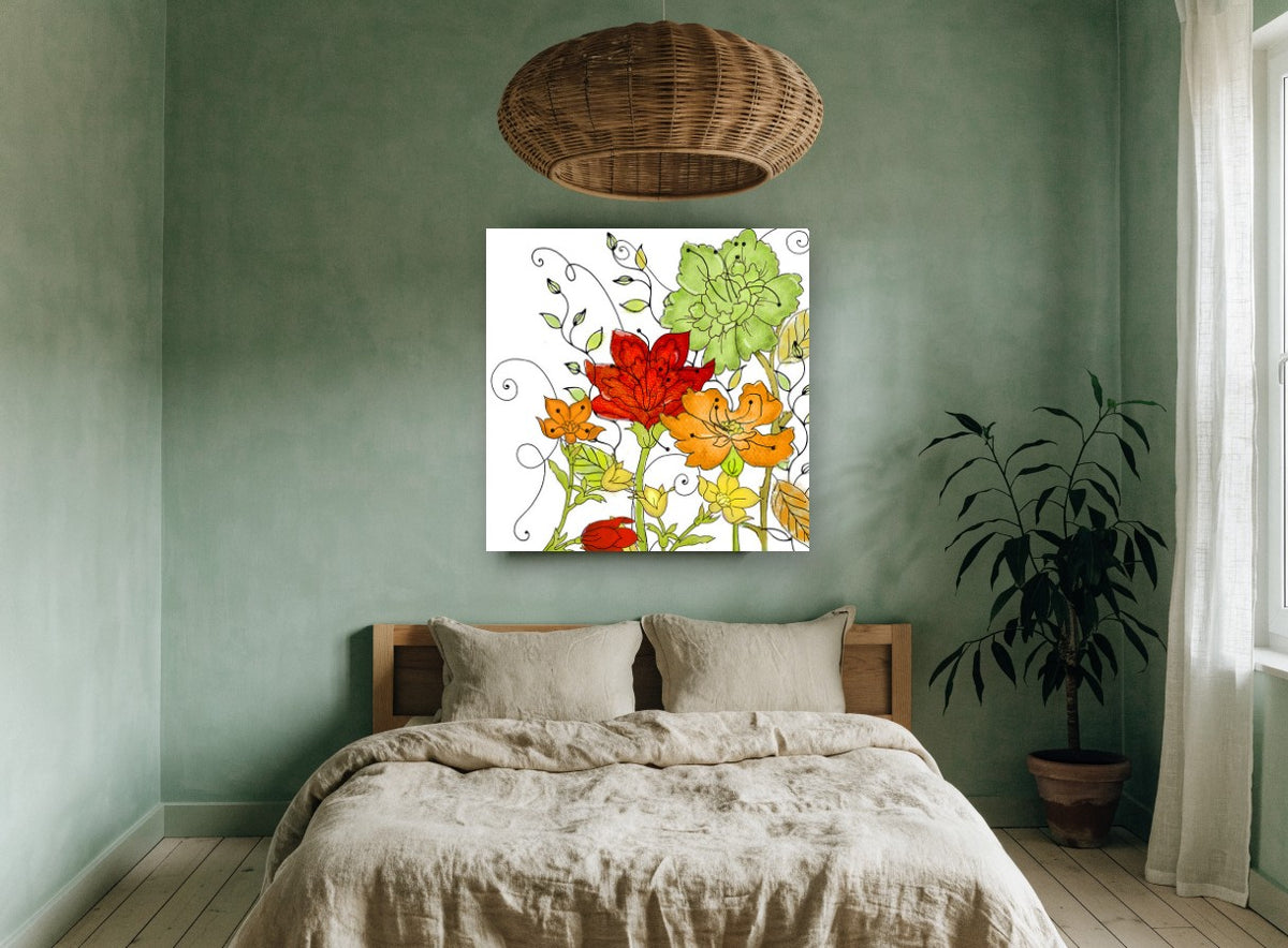 Scrolling Vine Blooms floral canvas print on the wall of a bedroom