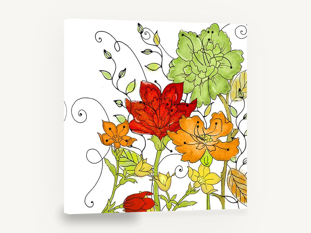 Scrolling Vine Blooms, red orange green floral watercolour illustration, floral canvas wall art print ready to hang