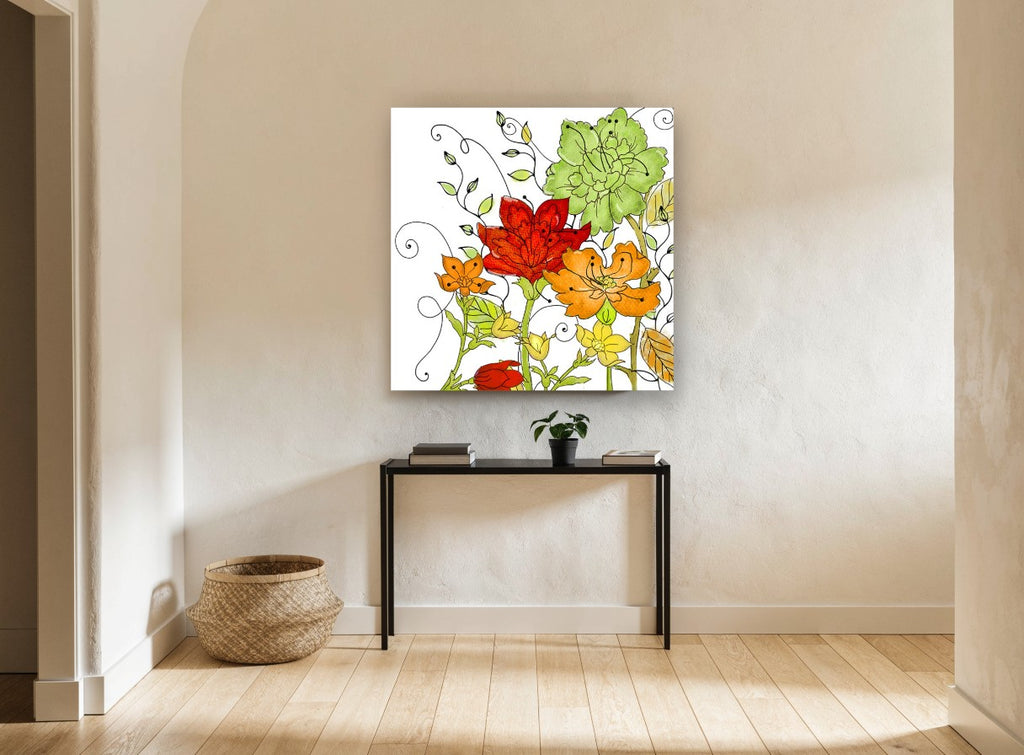 Scrolling Vine Blooms floral canvas print on the wall of a hallway
