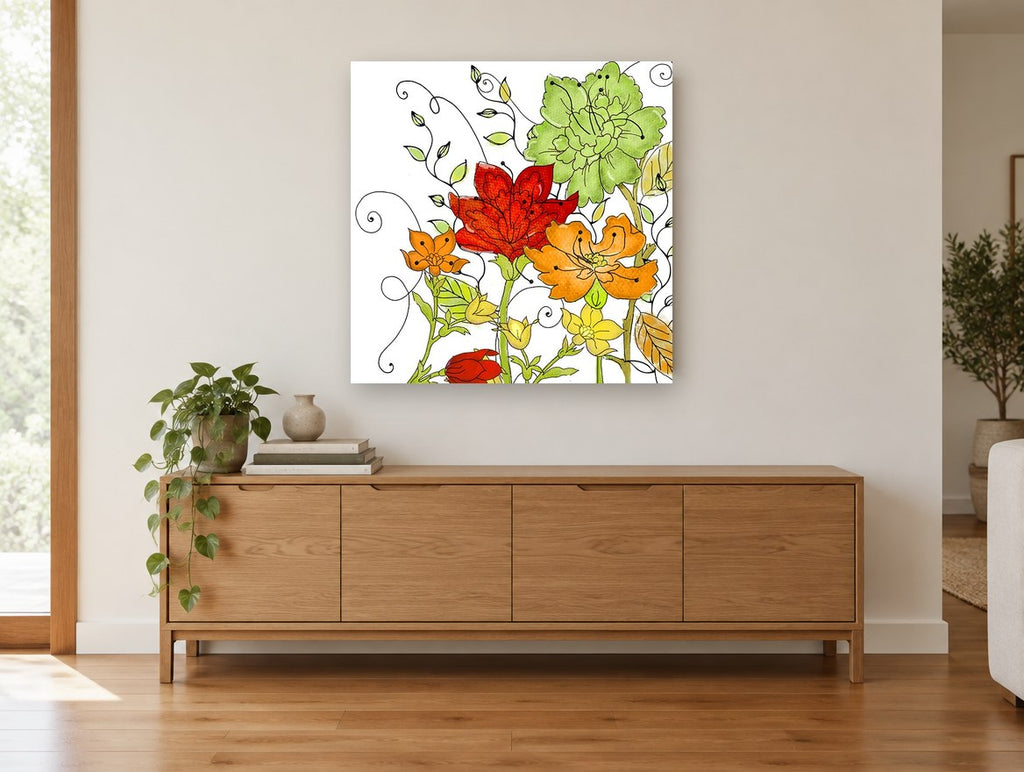 Scrolling Vine Blooms floral canvas print on the wall of a living room above a sideboard