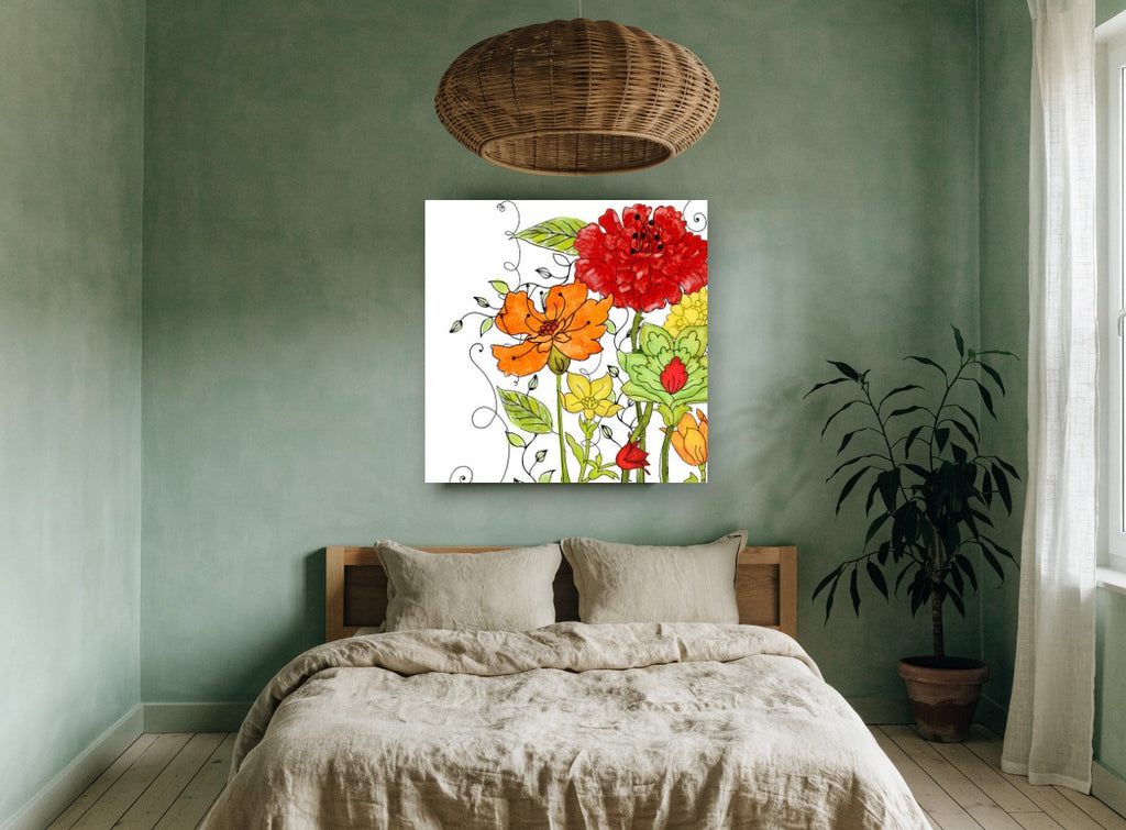 Garden Scroll Blooms floral canvas print on the wall of a bedroom