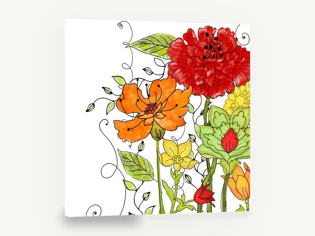 Garden Scroll Blooms, red orange flowers watercolour illustration, floral canvas wall art print ready to hang