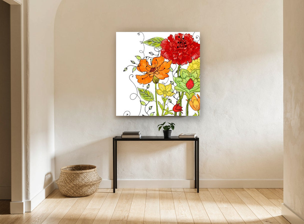 Garden Scroll Blooms floral canvas print on the wall of a hallway