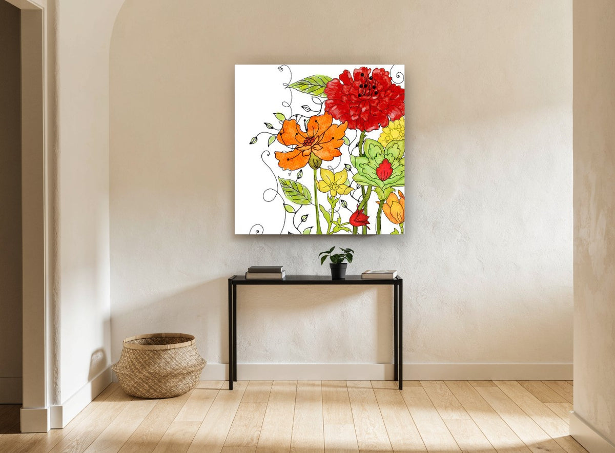 Garden Scroll Blooms floral canvas print on the wall of a hallway