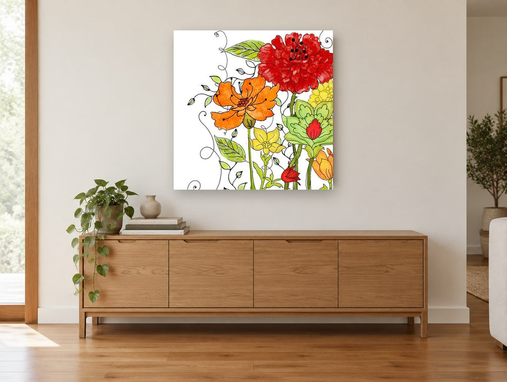 Garden Scroll Blooms floral canvas print on the wall of a living room above a sideboard