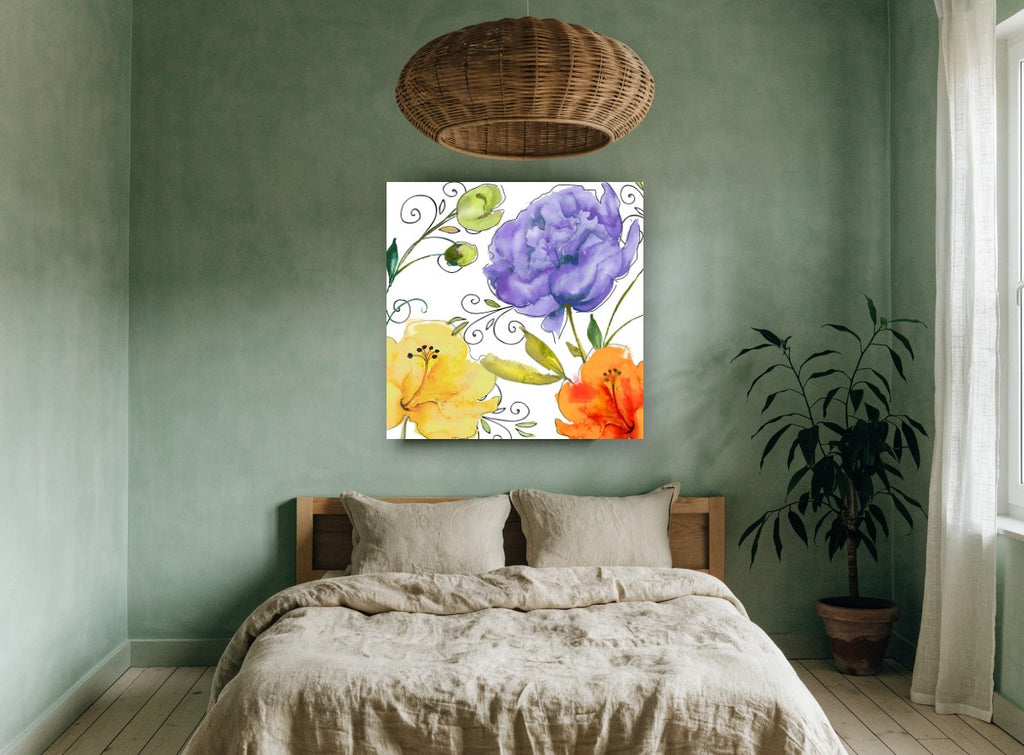 Violet Peony Trio floral canvas print on the wall of a bedroom