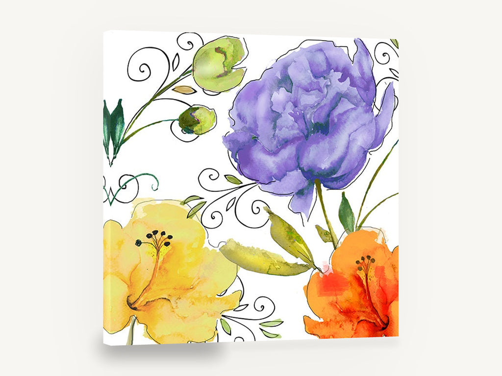 Violet Peony Trio, purple peony yellow orange watercolour floral, floral canvas wall art print ready to hang
