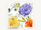 Violet Peony Trio, purple peony yellow orange watercolour floral, floral canvas wall art print ready to hang