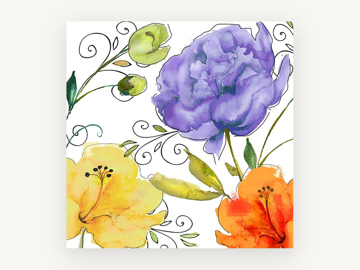 Violet Peony Trio, floral canvas wall art print, front view