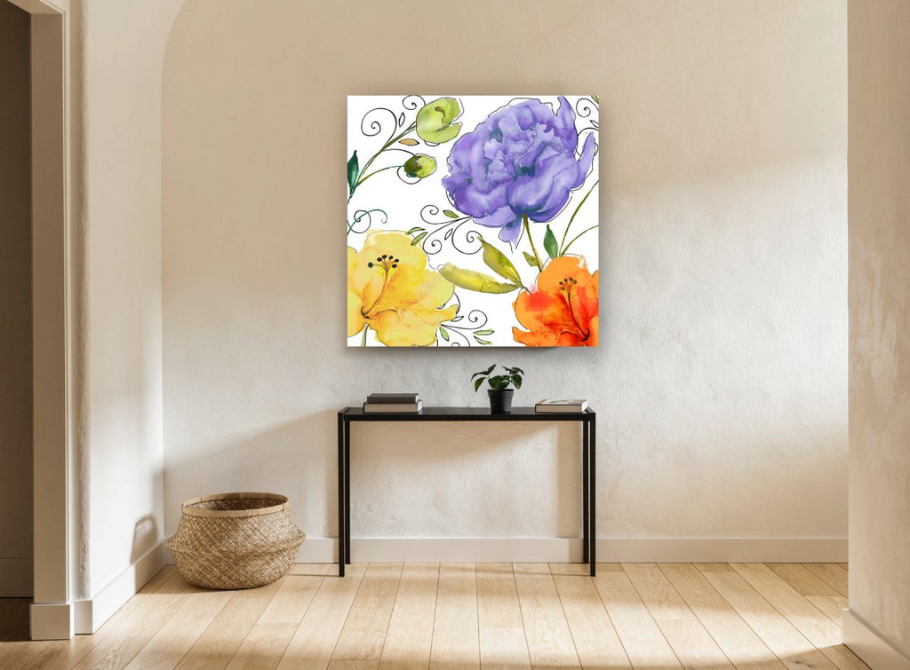 Violet Peony Trio floral canvas print on the wall of a hallway