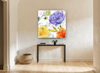 Violet Peony Trio floral canvas print on the wall of a hallway