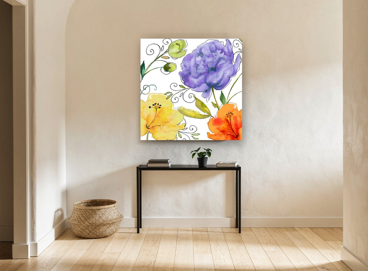 Violet Peony Trio floral canvas print on the wall of a hallway