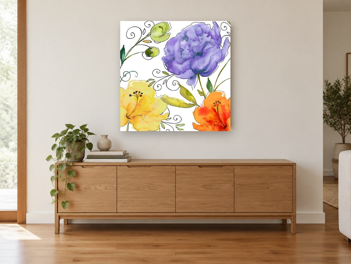 Violet Peony Trio floral canvas print on the wall of a living room above a sideboard
