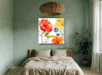 Poppy Red Garden Rhapsody floral canvas print on the wall of a bedroom