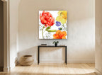 Poppy Red Garden Rhapsody floral canvas print on the wall of a hallway