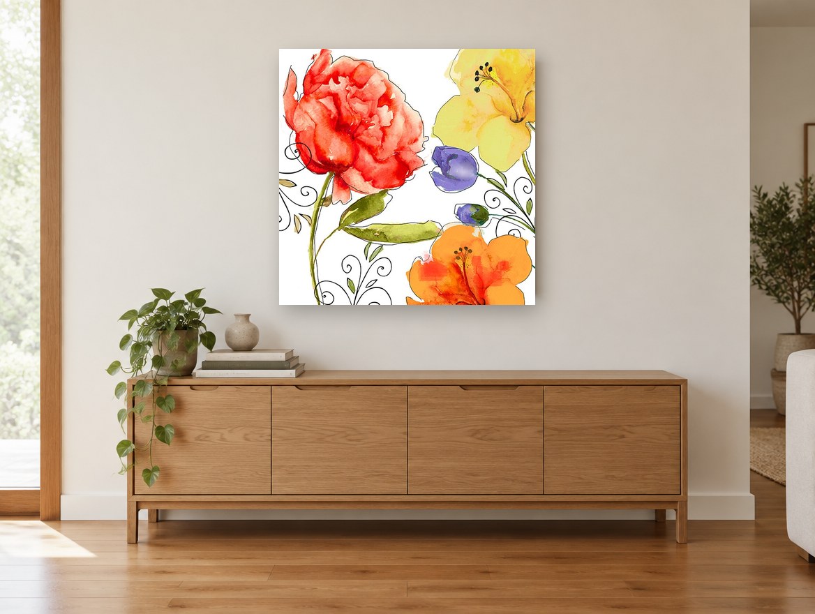 Poppy Red Garden Rhapsody floral canvas print on the wall of a living room above a sideboard