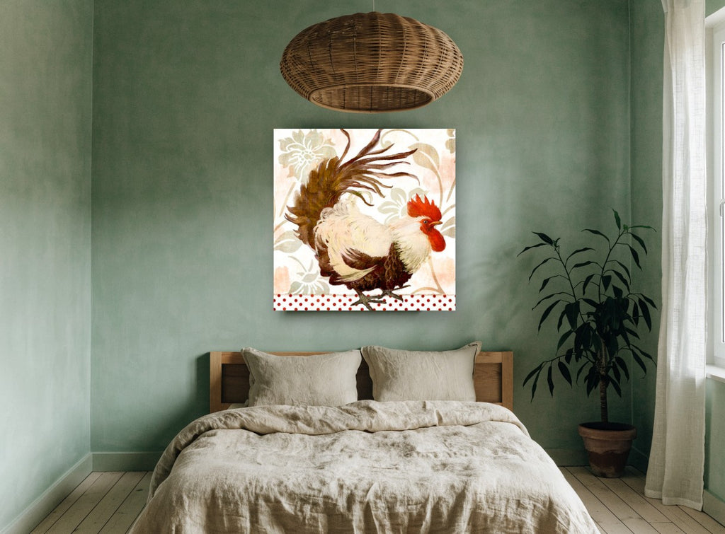Strutting Red Rooster floral canvas print on the wall of a bedroom