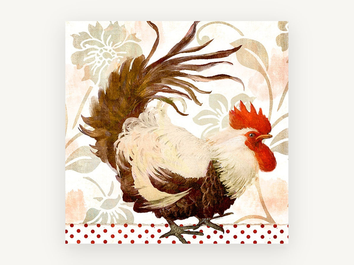 Strutting Red Rooster, floral canvas wall art print, front view