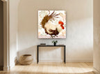 Strutting Red Rooster floral canvas print on the wall of a hallway