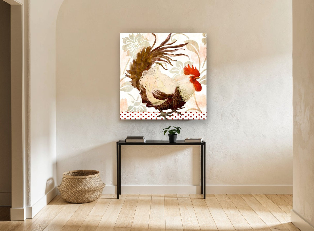 Strutting Red Rooster floral canvas print on the wall of a hallway