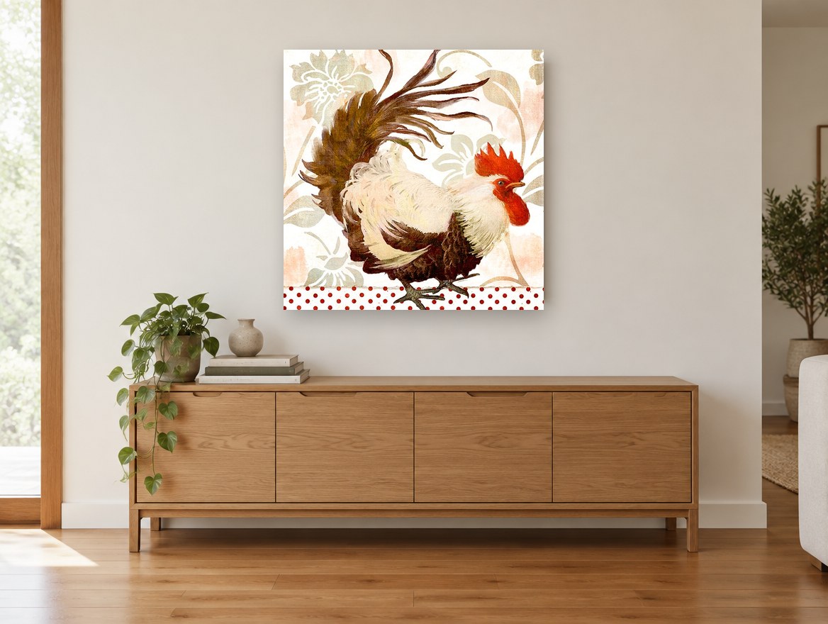 Strutting Red Rooster floral canvas print on the wall of a living room above a sideboard