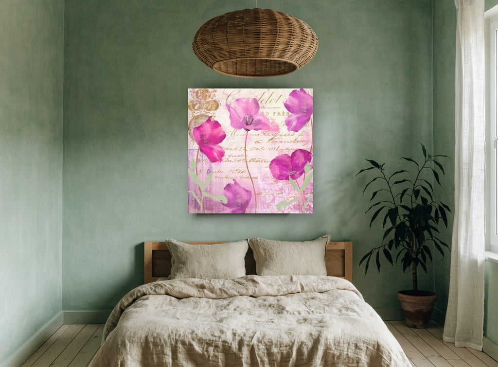 Poppies on Paris Letter floral canvas print on the wall of a bedroom