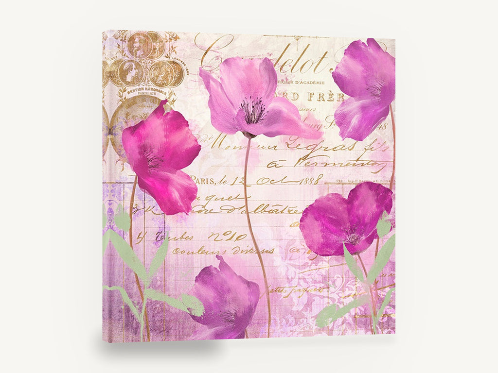 Poppies on Paris Letter, pink purple poppies vintage script, floral canvas wall art print ready to hang