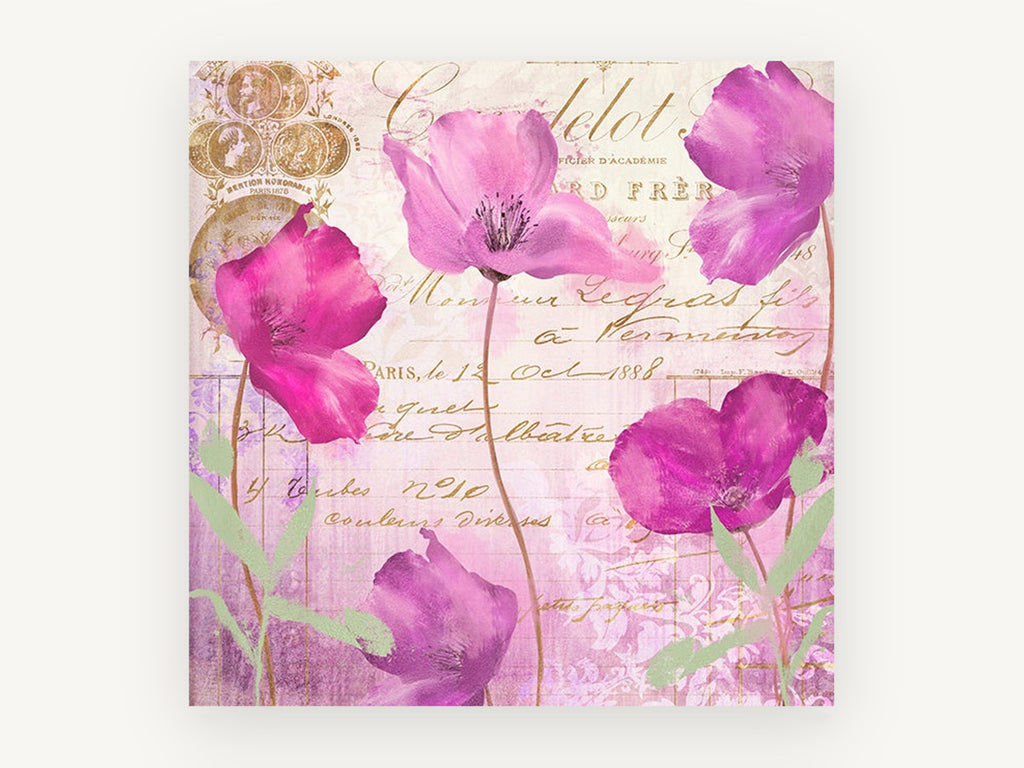 Poppies on Paris Letter, floral canvas wall art print, front view