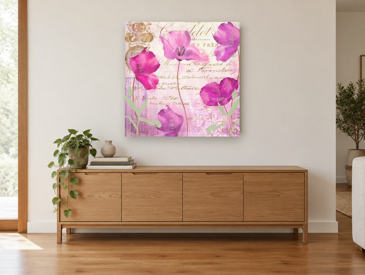 Poppies on Paris Letter floral canvas print on the wall of a living room above a sideboard