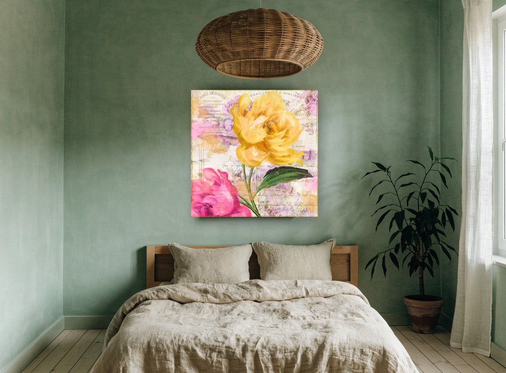 Yellow Peony French Ephemera floral canvas print on the wall of a bedroom