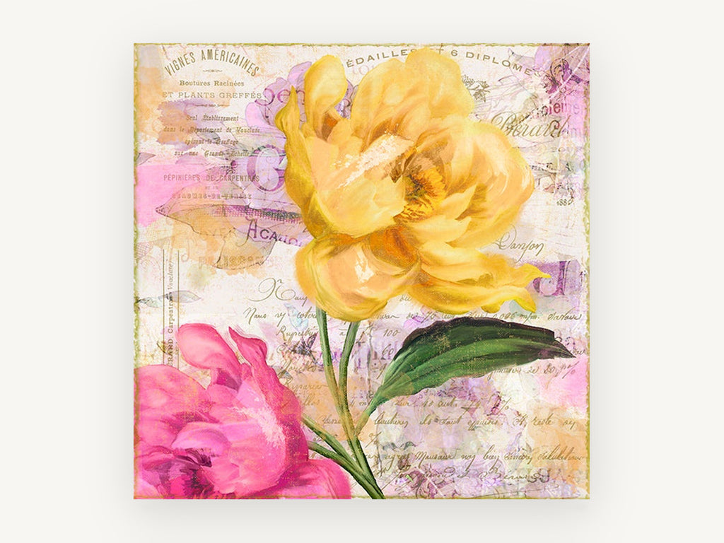 Yellow Peony French Ephemera, floral canvas wall art print, front view