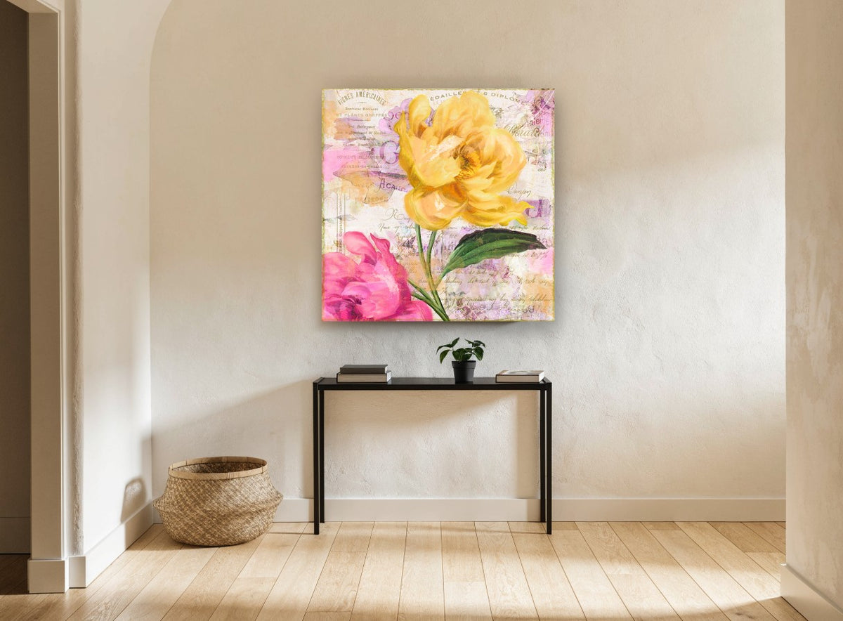Yellow Peony French Ephemera floral canvas print on the wall of a hallway