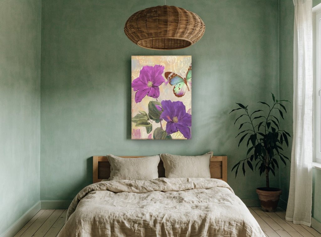Amethyst Clematis Butterfly floral canvas print on the wall of a bedroom