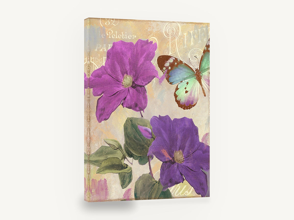 Amethyst Clematis Butterfly, purple clematis butterfly vintage botanical, floral canvas wall art print ready to hang