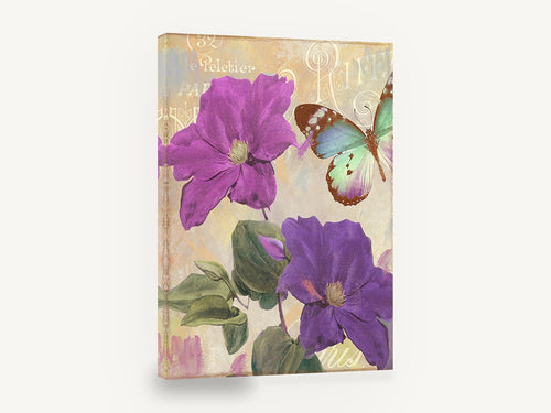 Amethyst Clematis Butterfly, purple clematis butterfly vintage botanical, floral canvas wall art print ready to hang