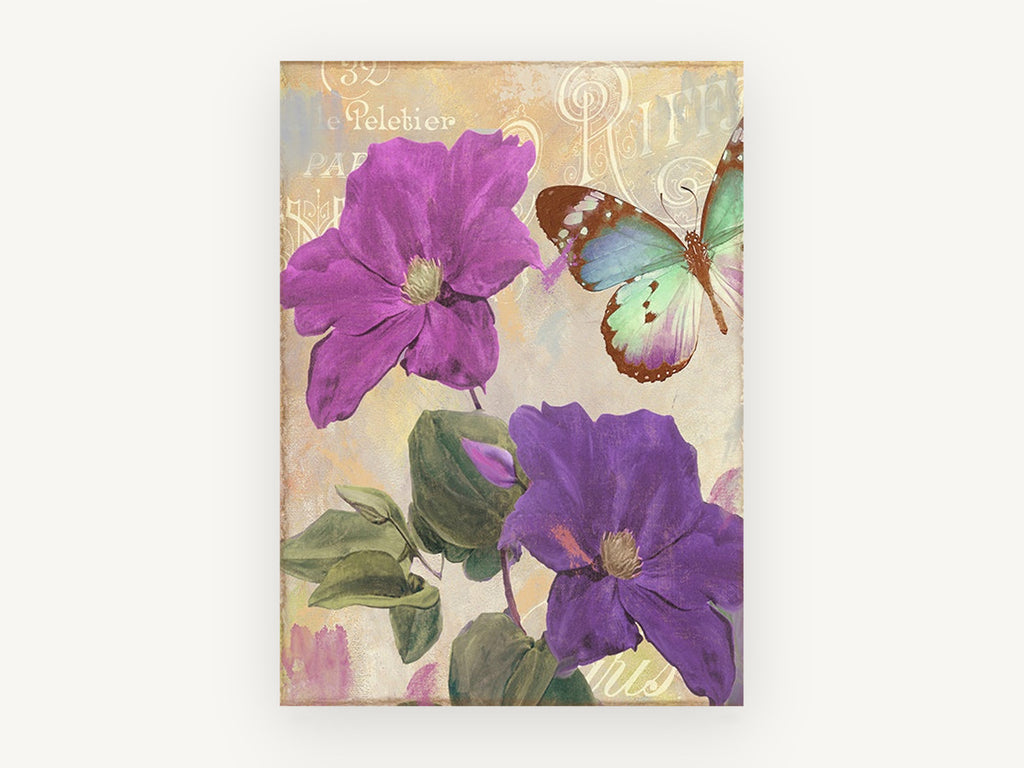 Amethyst Clematis Butterfly, floral canvas wall art print, front view