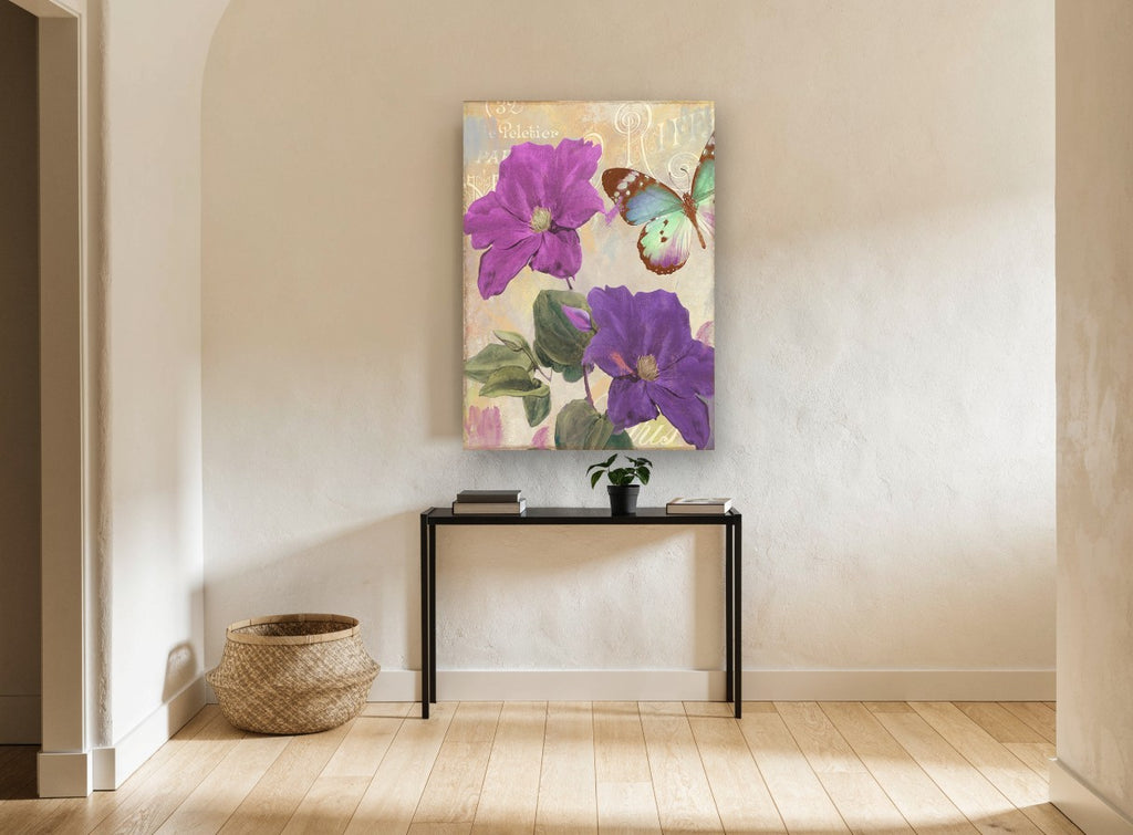 Amethyst Clematis Butterfly floral canvas print on the wall of a hallway