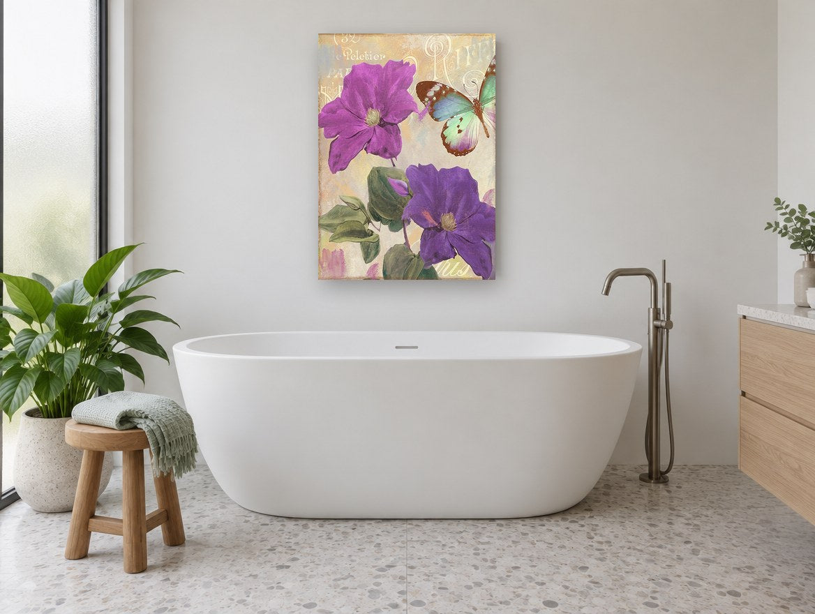 Amethyst Clematis Butterfly floral canvas print on the wall of a bathroom