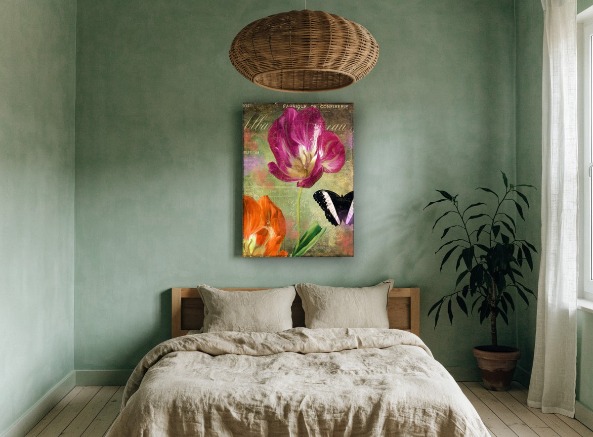Magenta Tulip and Butterfly floral canvas print on the wall of a bedroom