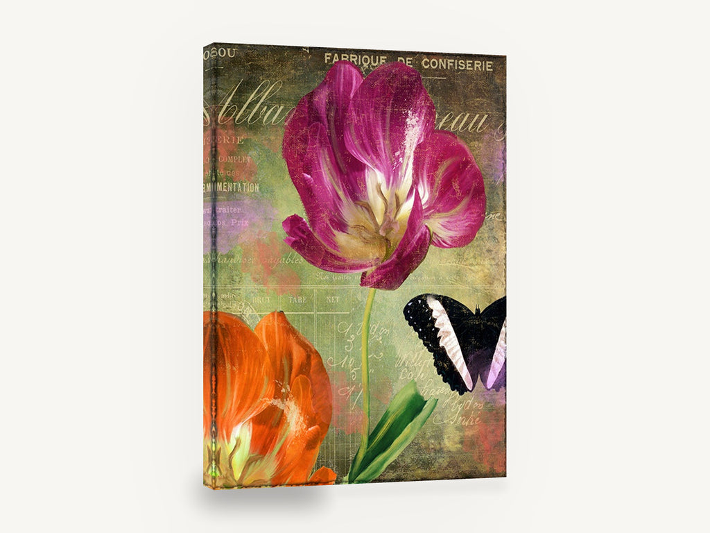 Magenta Tulip and Butterfly, magenta tulip butterfly vintage botanical, floral canvas wall art print ready to hang