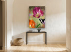Magenta Tulip and Butterfly floral canvas print on the wall of a hallway