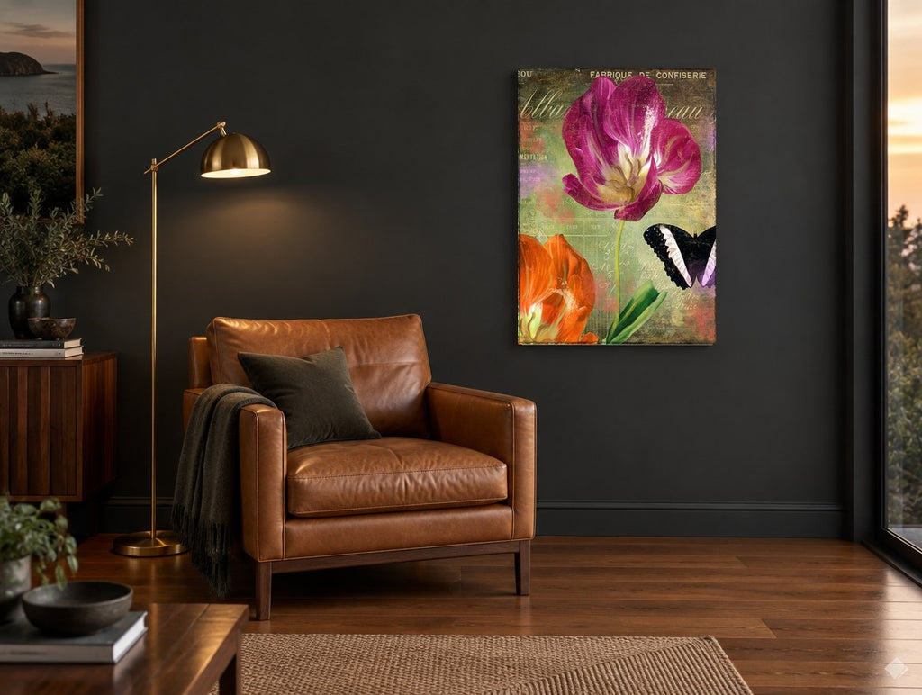 Magenta Tulip and Butterfly floral canvas print on the wall of a charcoal living room