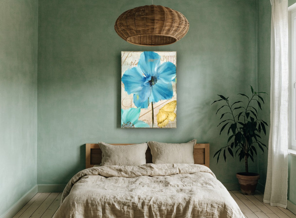 Blue Poppy Paris Script floral canvas print on the wall of a bedroom