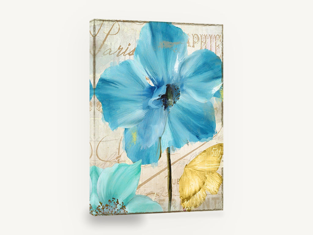 Blue Poppy Paris Script, blue poppy butterfly vintage script, floral canvas wall art print ready to hang