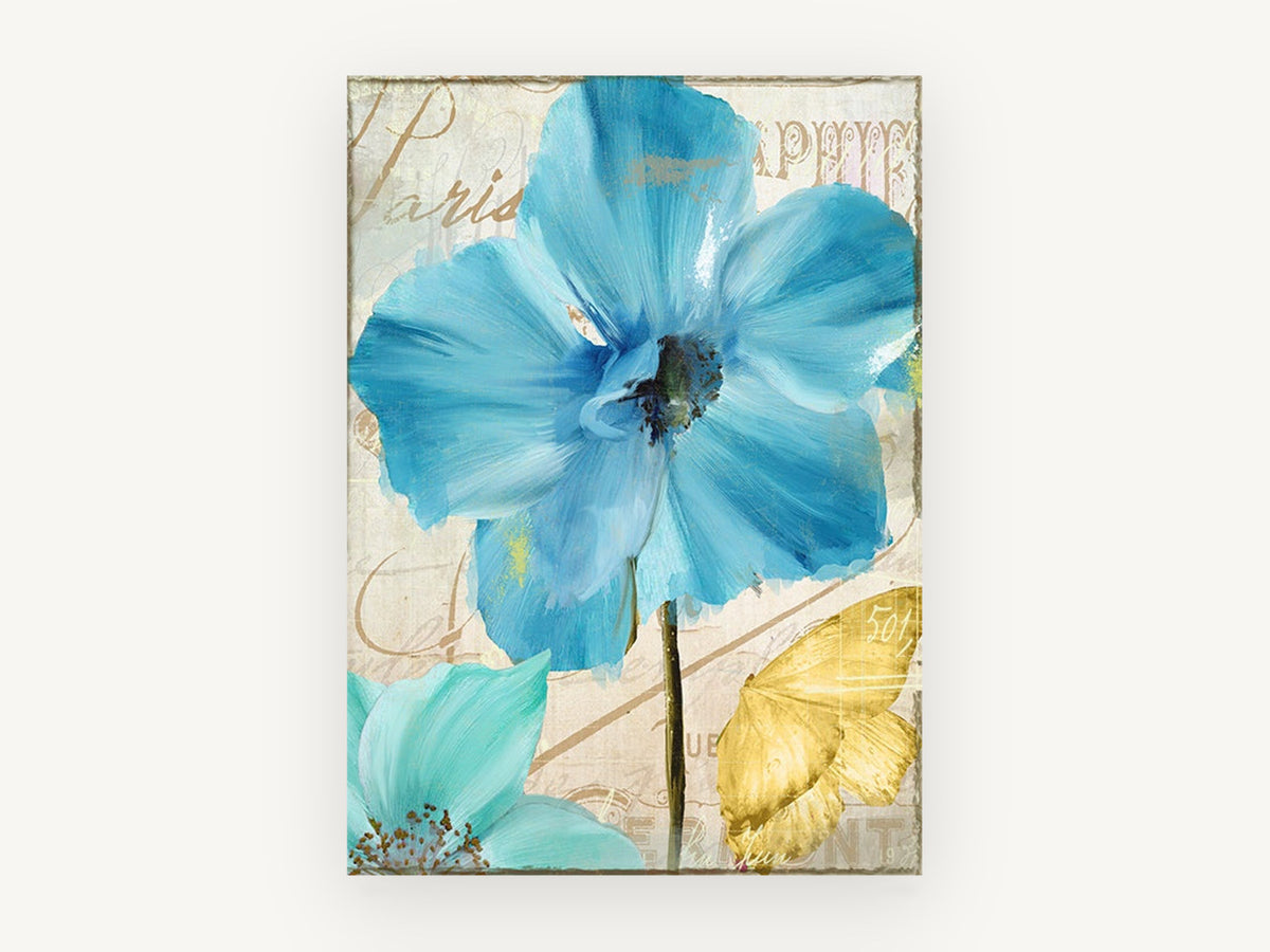 Blue Poppy Paris Script, floral canvas wall art print, front view