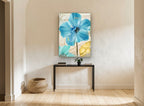 Blue Poppy Paris Script floral canvas print on the wall of a hallway