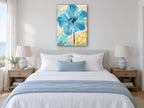Blue Poppy Paris Script floral canvas print on the wall of a coastal bedroom
