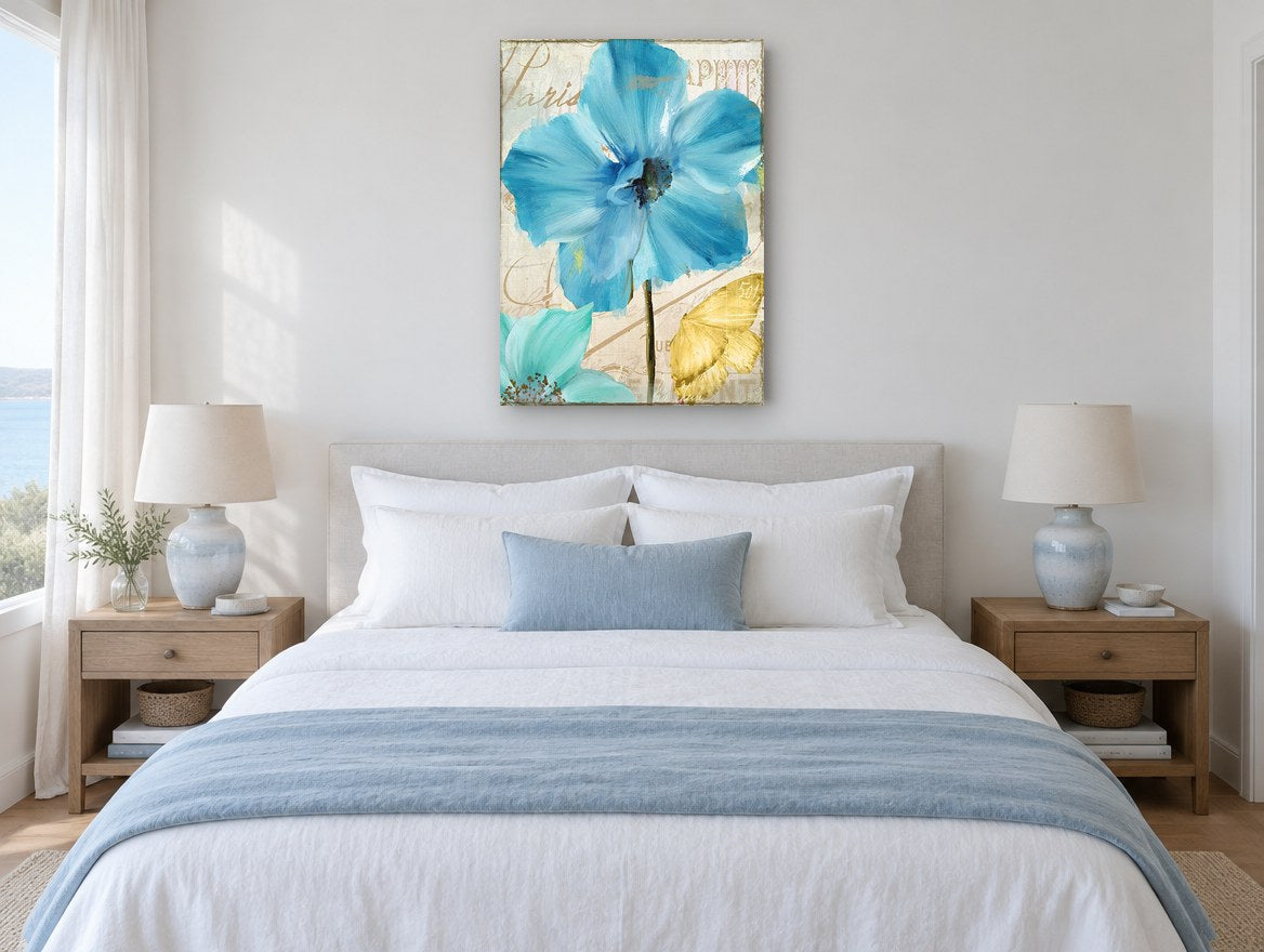 Blue Poppy Paris Script floral canvas print on the wall of a coastal bedroom